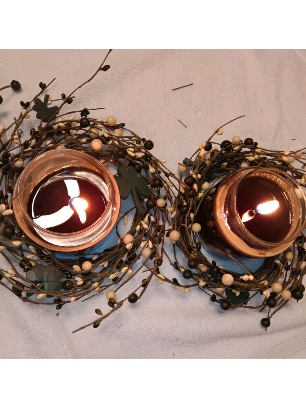 Rustic Country Style Black & Cream Berry Pillar Candle Wreaths (2pc) Shamrock